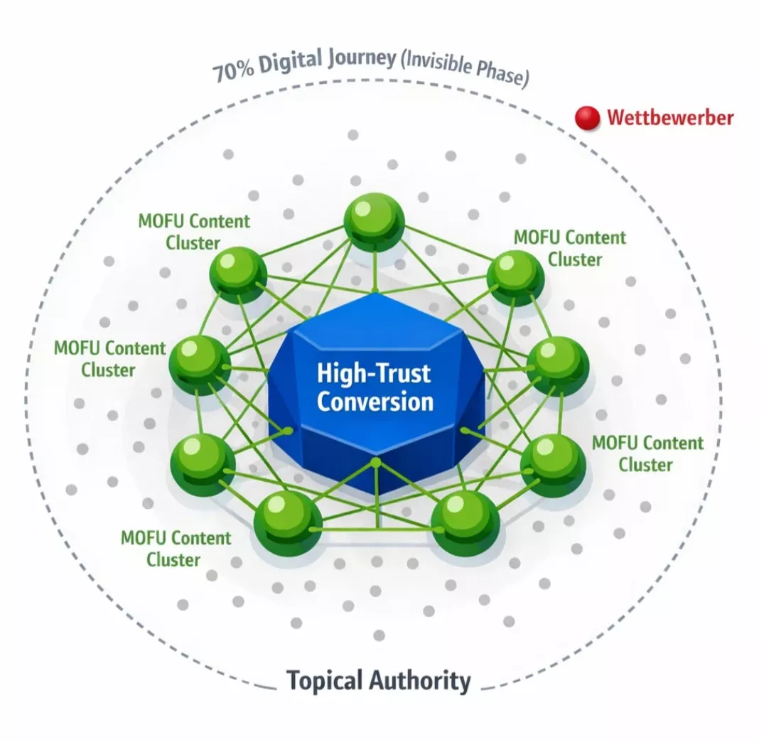 Die Grafik zeigt das Hub und Spoke Modell auch bekannt unter dem Namen Pillar Page und Cluster Modell. B2B Unternehmen können sich damit vom wettberwerb absetzen und Topical Authority aufbauen, was zu einem wettberwerbsvorteil im SEO führt